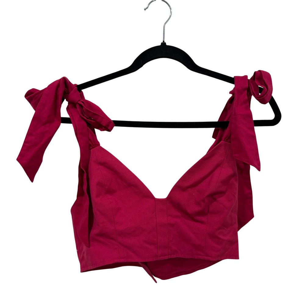 CAMI‎ NYC Pink Tie Shoulder V-Neck Crop Top Fuchsia Small Bow Straps Back Zip
